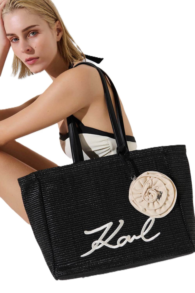 Karl Signature Flower Raffia Tote