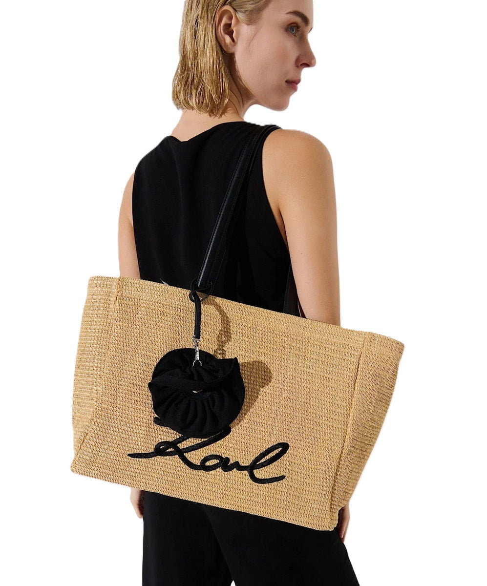 Karl Signature Flower Raffia Tote